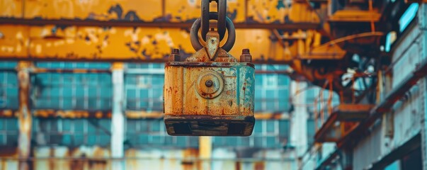 A rusted, vintage industrial pulley set against a blurred construction site, symbolizing industry and technology of past eras