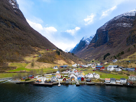 Fishing village Undredal against mountain near the Flam in Norway.