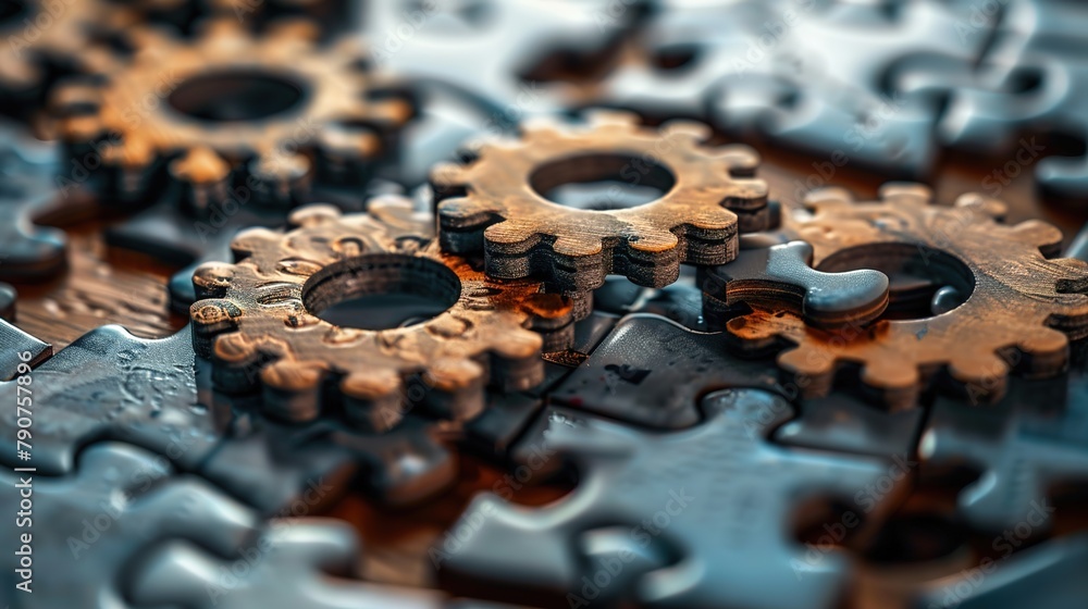 Poster a close-up of interlocking gears and cogs reveals their intricate machine workings