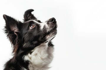 A black and white dog with a white spot on its face is looking up at the camera