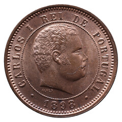 bust of King Carlos I of Portugal on a bronze 5 réis coin dated 1898