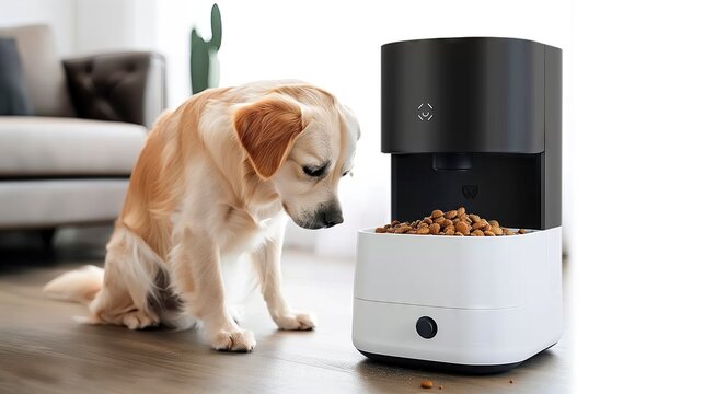 Beautiful pet dog eats food from a smart feeder At a soft home with furniture