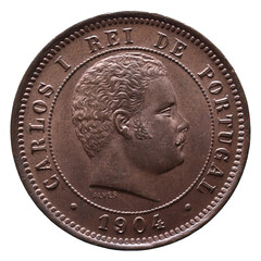 Bronze Portuguese coin with the portrait of King Carlos I and the year 1904