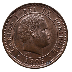 Bronze Portuguese coin with the portrait of King Carlos I and the year 1905
