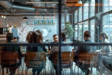 Fototapeta premium A group of people are sitting around a table in a conference room