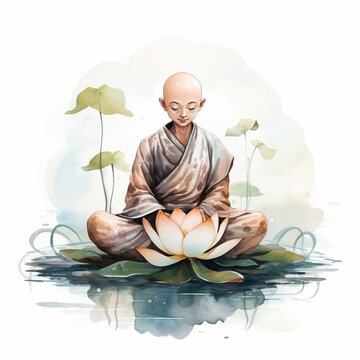 Little Buddha and lotus flowers. Watercolor illustration