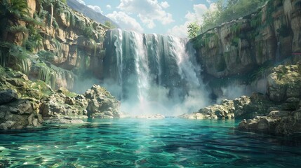 Powerful waterfall plunging into a crystal-clear pool below, creating a refreshing oasis in the wilderness.
