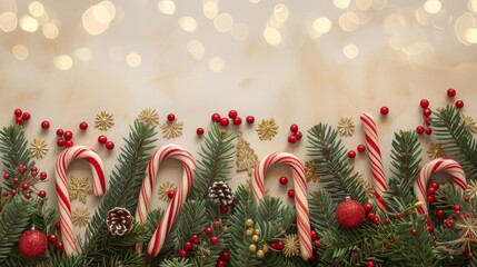 Artistic display of Christmas candy canes, fir branches, and a sprinkle of festive trinkets and berries, top view, set against a background of soft, unfocused golden lights, studio lighting