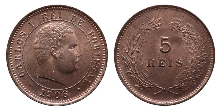 Portuguese copper coin from the reign of Charles I. On the obverse the bust of the king with the year 1906 below. On the reverse, the value of 5 reis in the center