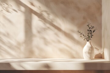 A white vase with a plant in it sits on a shelf in front of a window