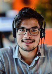 Professional young man wearing a headset with a focused expression working in a business