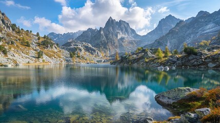 Pristine alpine lake nestled among towering mountains, its crystal-clear waters reflecting the surrounding peaks.