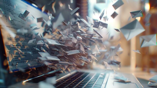 A laptop and envelopes of letters flying into it indoors. Spam concept