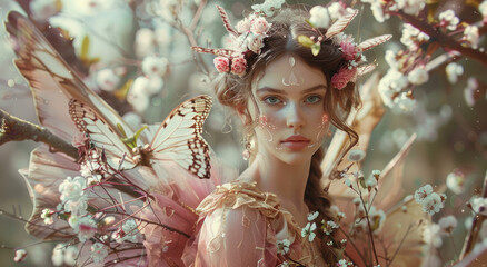 Fototapeta premium A beautiful fairy with wings, in an enchanted forest, wearing a pink and gold dress adorned with flowers and lace, holding a bouquet of butterflies, surrounded by blooming trees