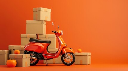 Cardboard boxes and motorcycle delivery courier scooter on orange background. Delivery concept.