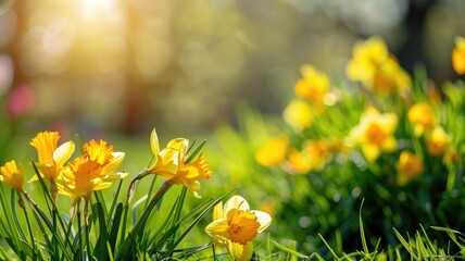 Yellow daffodils in sunlight with blurred green background - obrazy, fototapety, plakaty