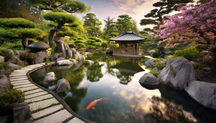 Tranquil Oasis Amidst Bonsai and Stone Paths
