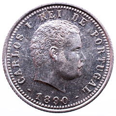 Silver Portuguese coin with the portrait of King Carlos I and the year 1890