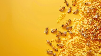 Honeybees on honeycomb with honey, yellow background
