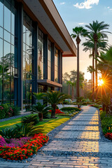 Sustainable Glass Office Building with Integrated Greenery: Eco-Friendly Corporate Architecture.

