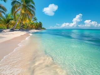A beautiful beach with palm trees and a clear blue ocean. The sky is partly cloudy, but the overall mood is serene and peaceful - obrazy, fototapety, plakaty