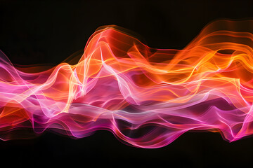 Luminous neon waves in orange and pink hues. Hypnotic abstract art on black background.
