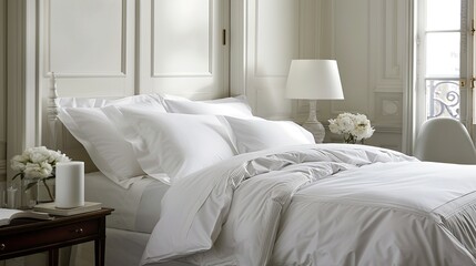 Pristine white bedding with smooth and unwrinkled sheets, evoking a sense of cleanliness and comfort in the bedroom.