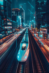 A high speed futuristic bullet train passing through a city