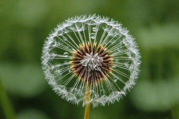 Close-up of water drops on dandelion seed during rainy season