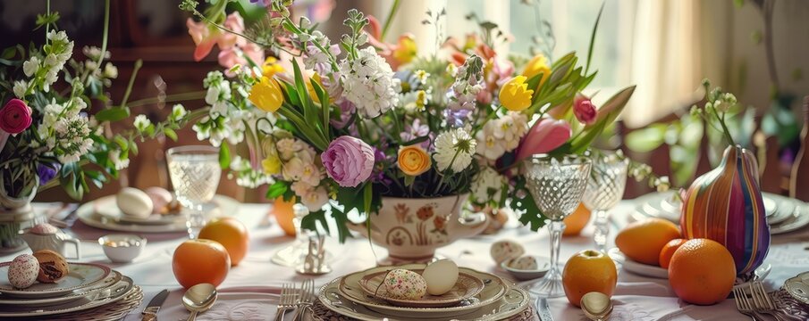 A bright and colorful Easter table setting with a variety of flowers and Easter eggs, showcasing holiday festivities