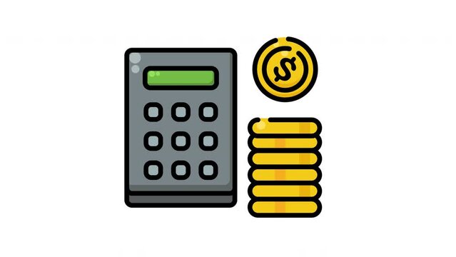 Animated Calculator and dollar sign on coin stack for financial, mathematics, education or technology concepts in presentations, websites, or social media content.