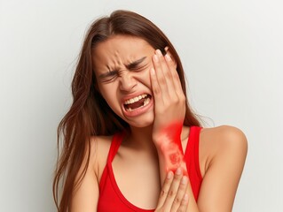 A woman in a red tank top is holding her face and appears to be in pain. She has a red mark on her arm and is wearing a red shirt