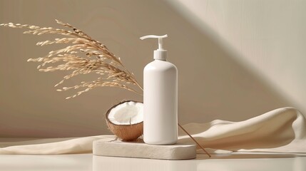 Product photography of washing hands, empty bottles with water and coconut cream on a table, minimalist style, commercial advertising style.	
