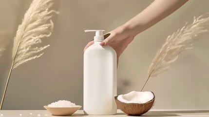 Product photography of washing hands, empty bottles with water and coconut cream on a table, minimalist style, commercial advertising style.	
