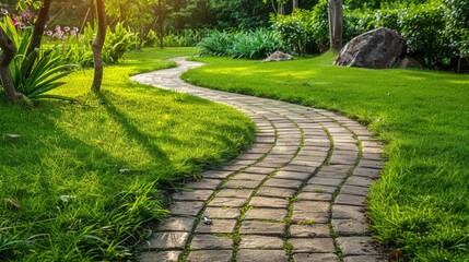 Path curving through Lawn with green grass and walkway tiles. Landscape of the green garden.