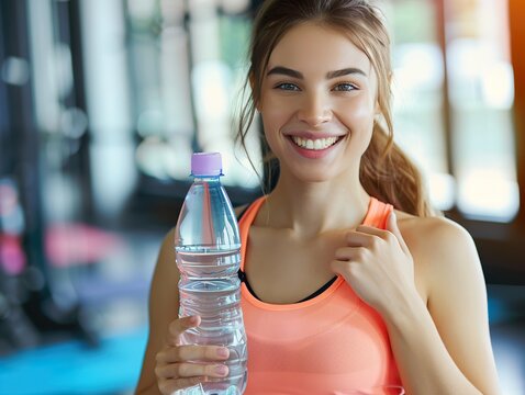  a smiling, beautiful young woman in yoga clothes with clear facial features, straight teeth, holding a bottle of water on a blurred gym background