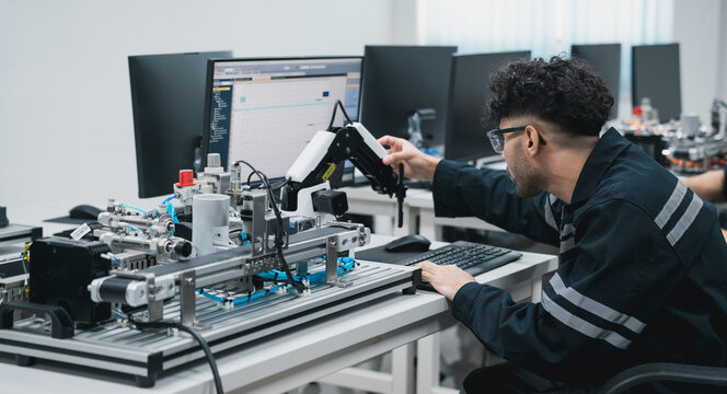 Engineering student assembling a robotic arm using a computer in a technology workshop. Service engineer holding a robot controller and inspecting the robotic arm's welding hardware.