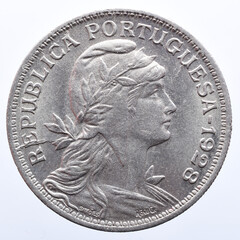 Portuguese 50 cent alpaca coin. On the obverse the bust of the republic and the year 1928 - obrazy, fototapety, plakaty