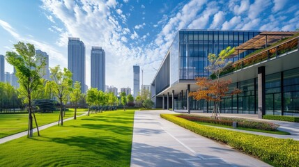 Landscape of beautiful park and modern building.