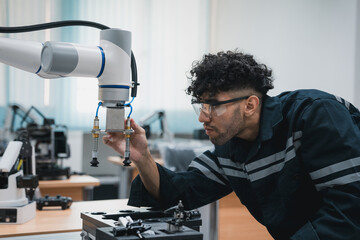 Engineering student assembling a robotic arm using a computer in a technology workshop. Service...