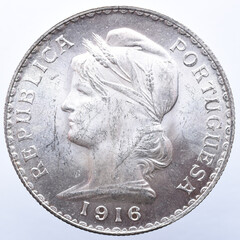 Obverse of Portuguese coin in Silver with the figure of the republic and the year 1916