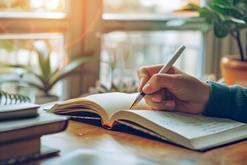 Morning journaling session with a warm sunlight backdrop