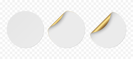 Vector white realistic circle paper stickers with golden corner isolated