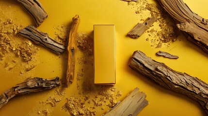 A golden rectangular perfume box was placed in three quarters with tree bark around it on a golden background.