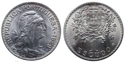 Portuguese 1 escudoalpaca coin. On the obverse the bust of the republic and the year of minting. on...