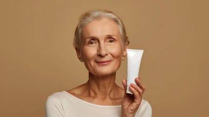 An elderly well-groomed woman with a smile on her face holds a tube of cream with one hand on a light brown background. Advertising for self-care as you age