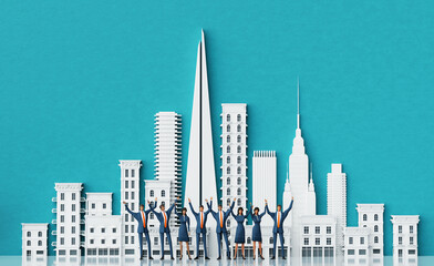 Group of successful business people with raised hands celebrating success. Background with Modern city view and copy space