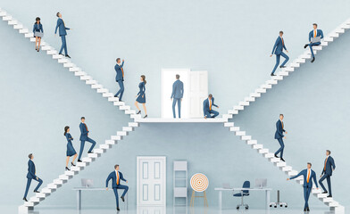 Successful business people are working in office. Business environment concept with stairs representing achievement, growth and career journey. 3D rendering