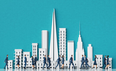 Lots of business people in suits are walking in the City, background with modern skyscrapers and copy space