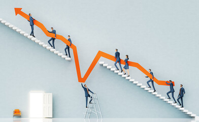 Business people walking up stair and caring big arrow. Business environment concept with stairs and opened door, representing career, advisory, growth, success, solution and achievement. 3D rendering